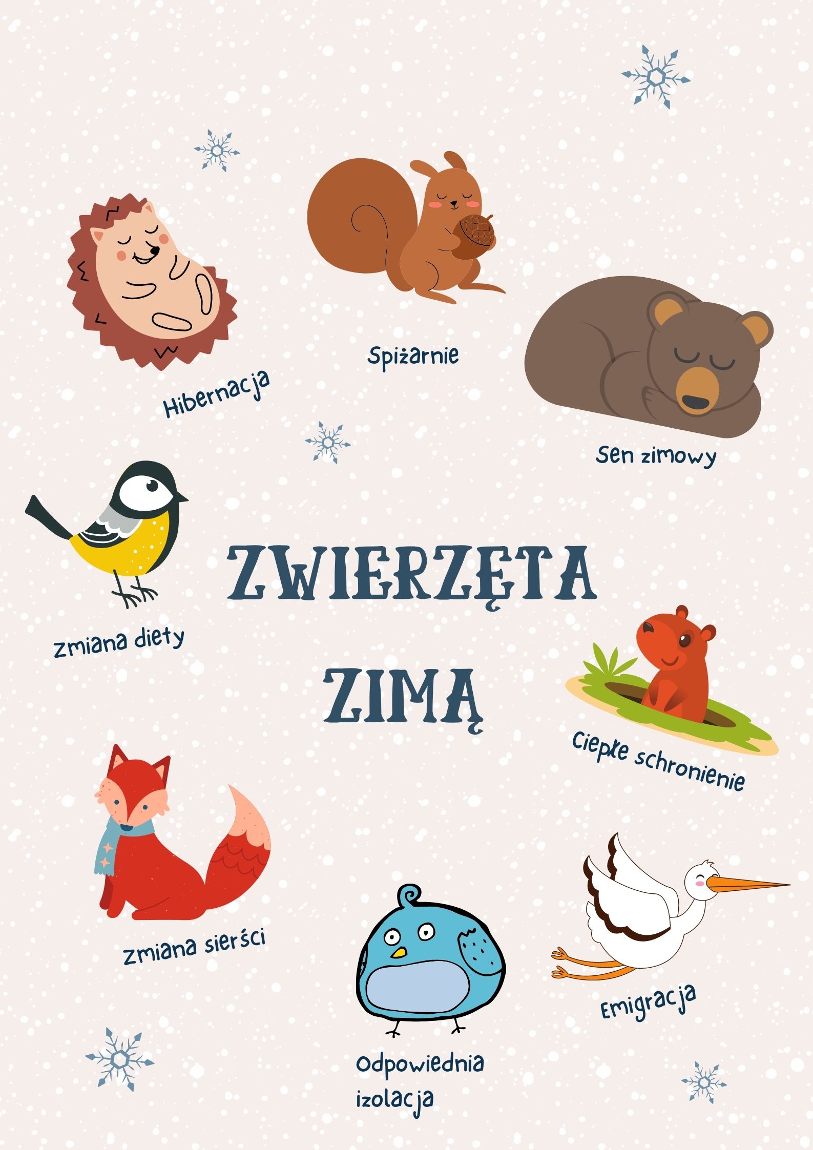Grafika przedstawia strategie zwierząt na przetrwanie zimy: hibernację, spiżarnie, ciepłe schronienie, emigrację, zmianę sierści, zmianę diety oraz nabieranie warstwy izolacyjnej.